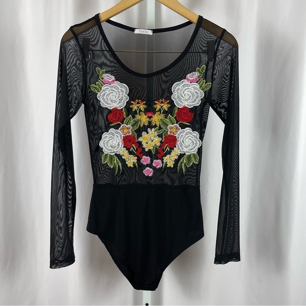 Viola Medium Mesh Embroidered Floral Long Sleeve Retro Bodysuit Boho